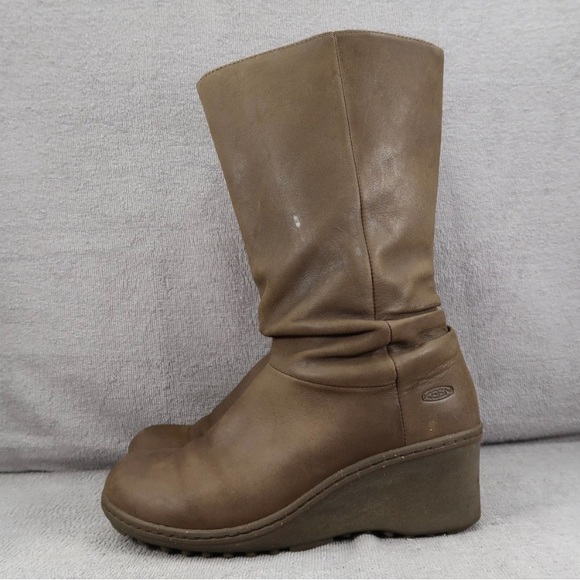 Keen Boots Akita Womens 8.5 Brown Leather Pull On Wedge Knee High Round Toe - Picture 3 of 7